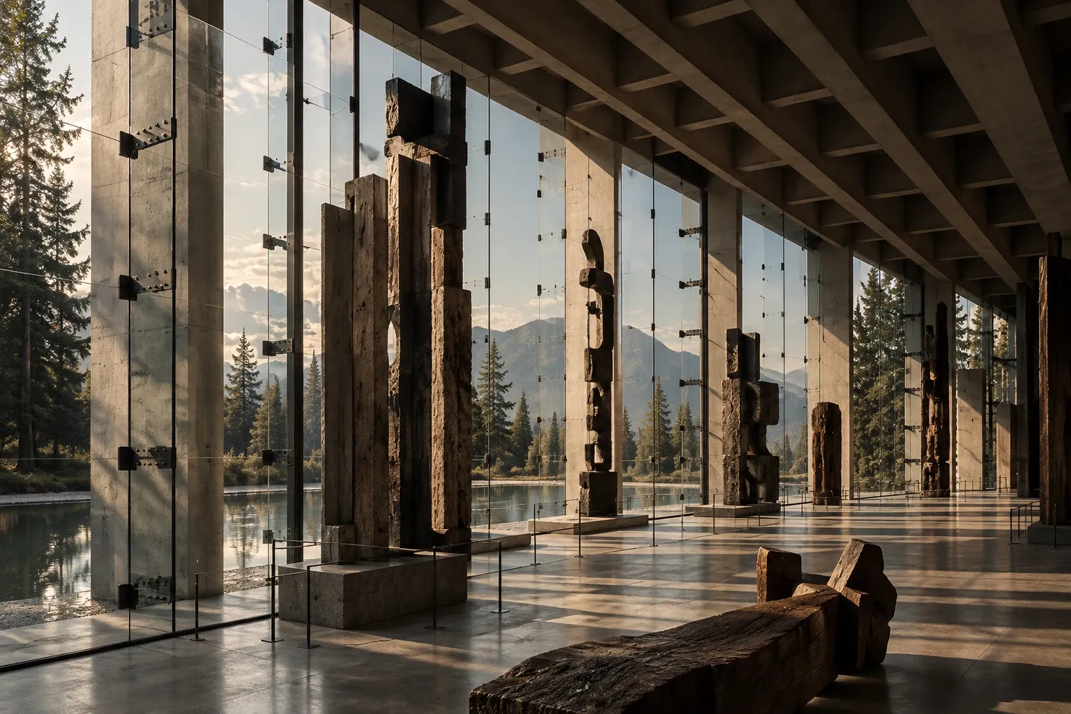 A concrete gallery hall of tall carved wooden sculptures, glass walls opening onto forest, water and mountains.
