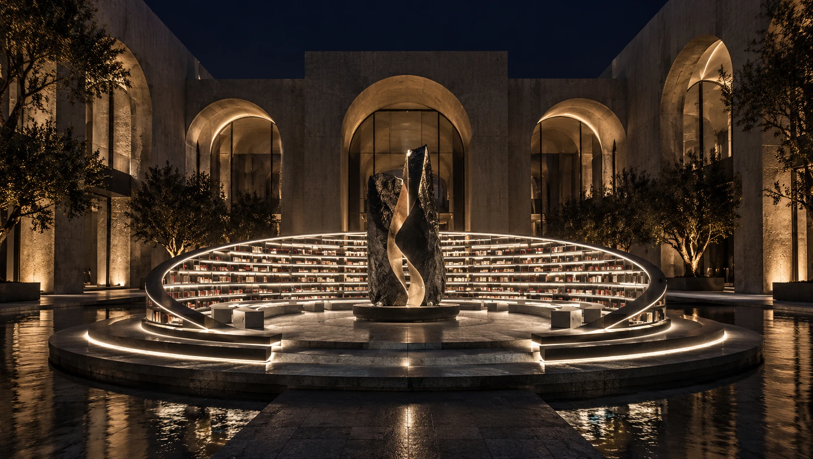 A stone courtyard at night, a twisted sculpture ringed by lit curved bookshelves.