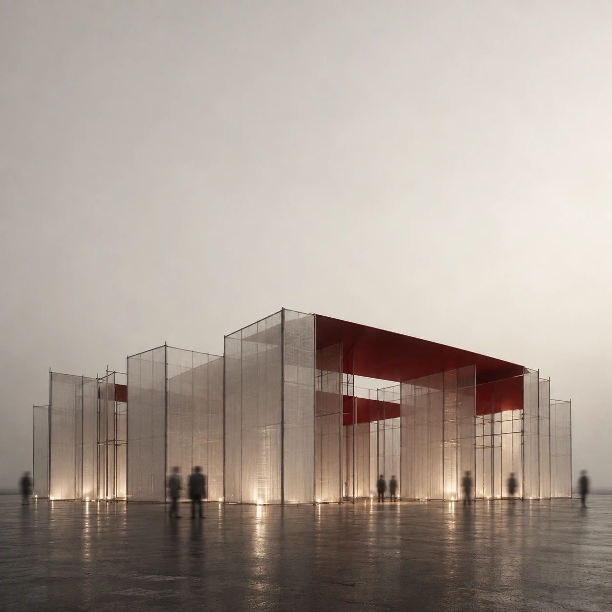 A translucent mesh pavilion with a red roof in fog, lit from below.