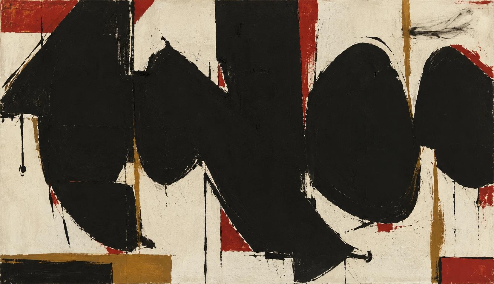 An abstract painting of heavy black forms with red and ochre bands on cream canvas.